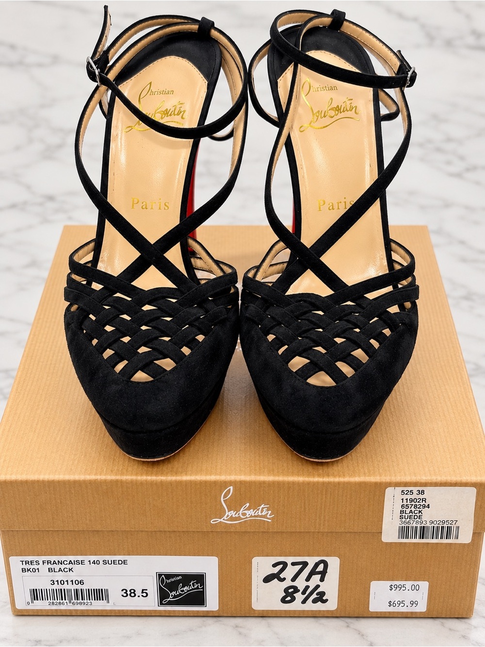 Christian Louboutin Black Suede Woven Strappy Platform Sandals